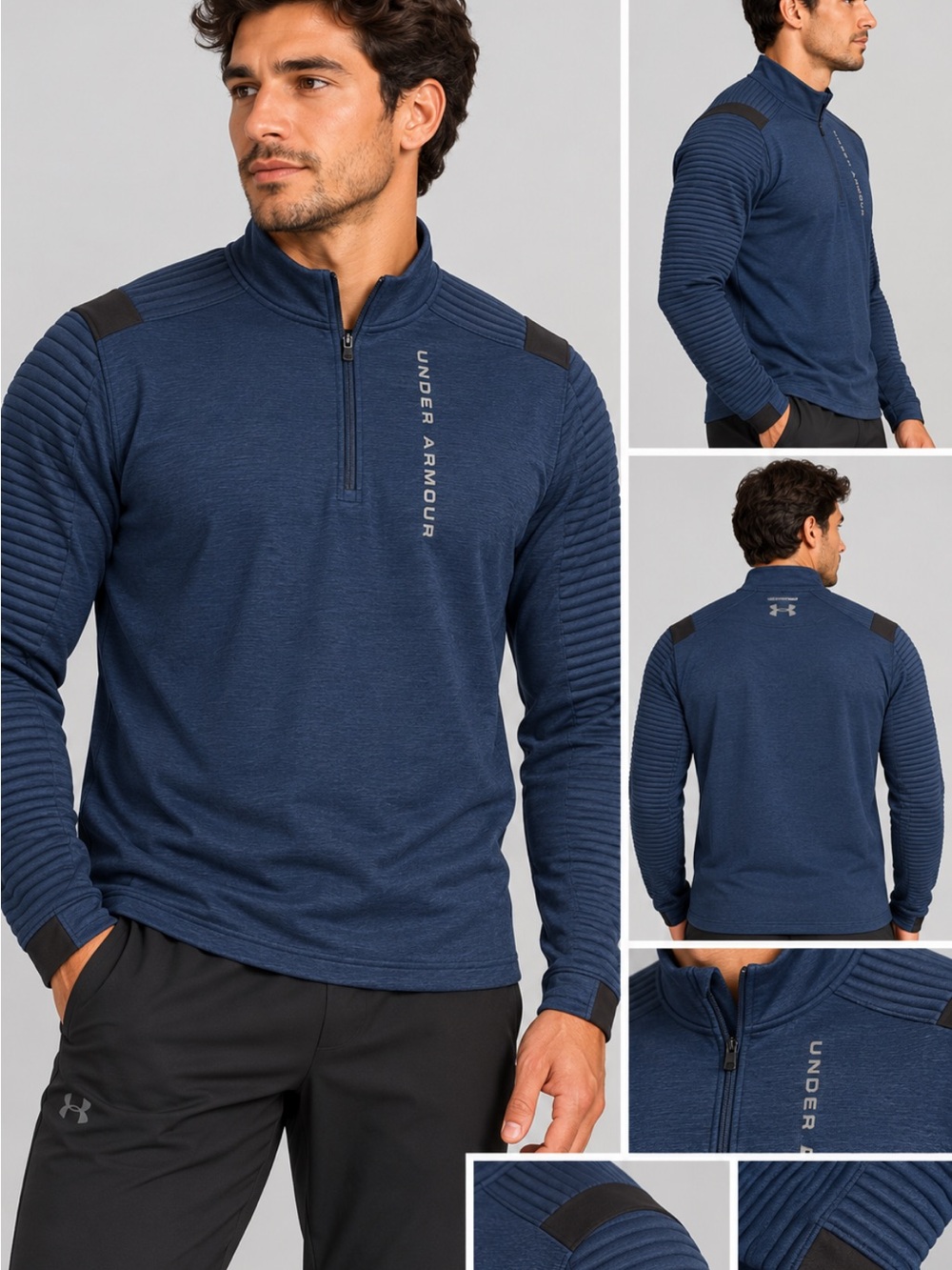Under Armour Men's Navy Blue Zip-Up Ribbed Sleeve Sweater